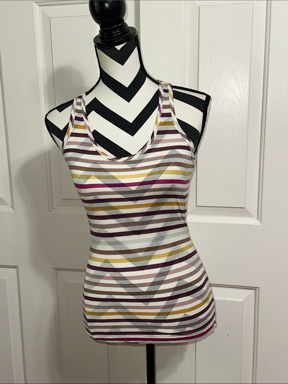 Moth Striped Racerback Tank in White, Burgundy & Mustard